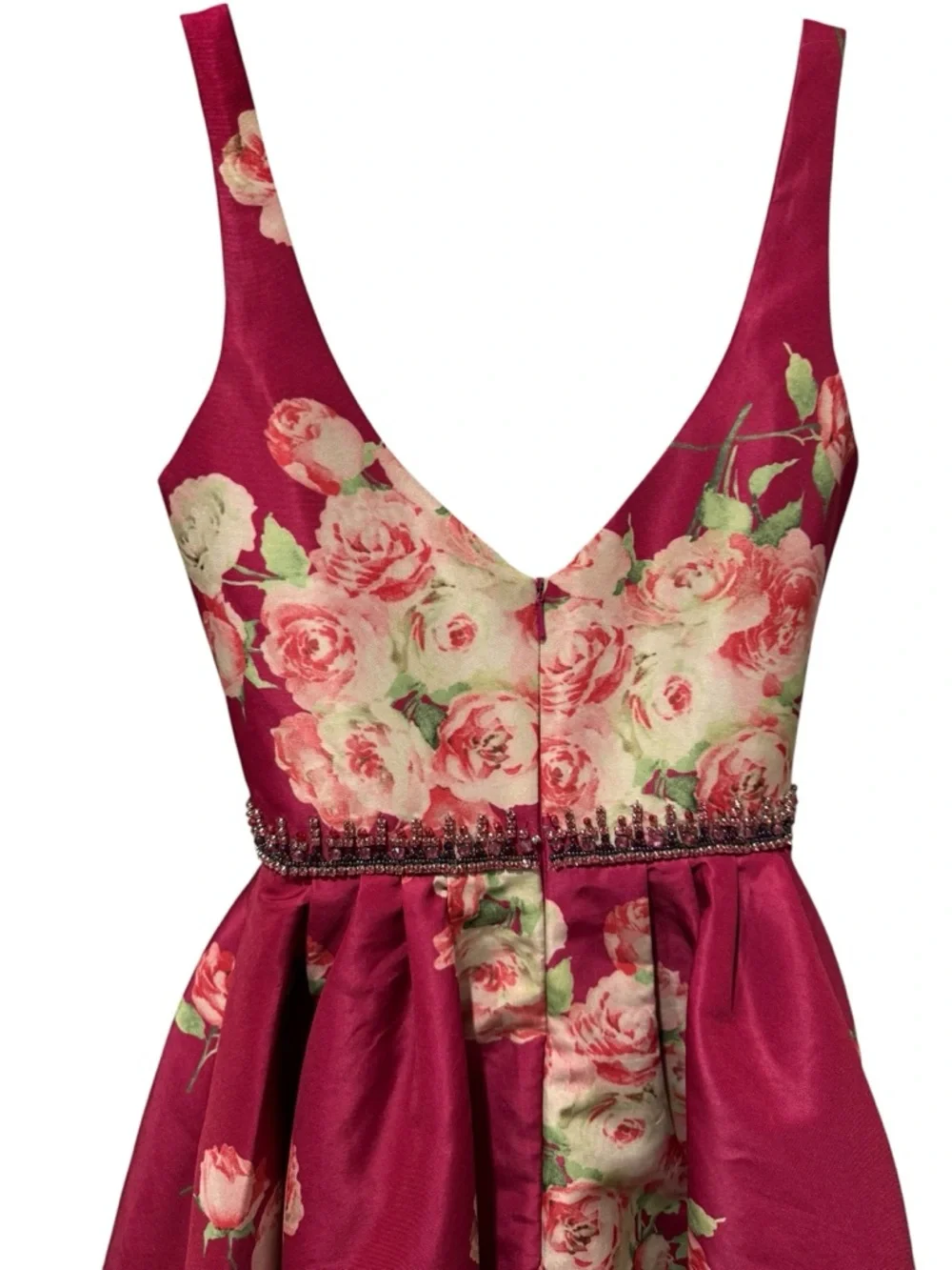 Sherri Hill Magenta Floral Plunge Satin Party Dress - Picture 6 of 12